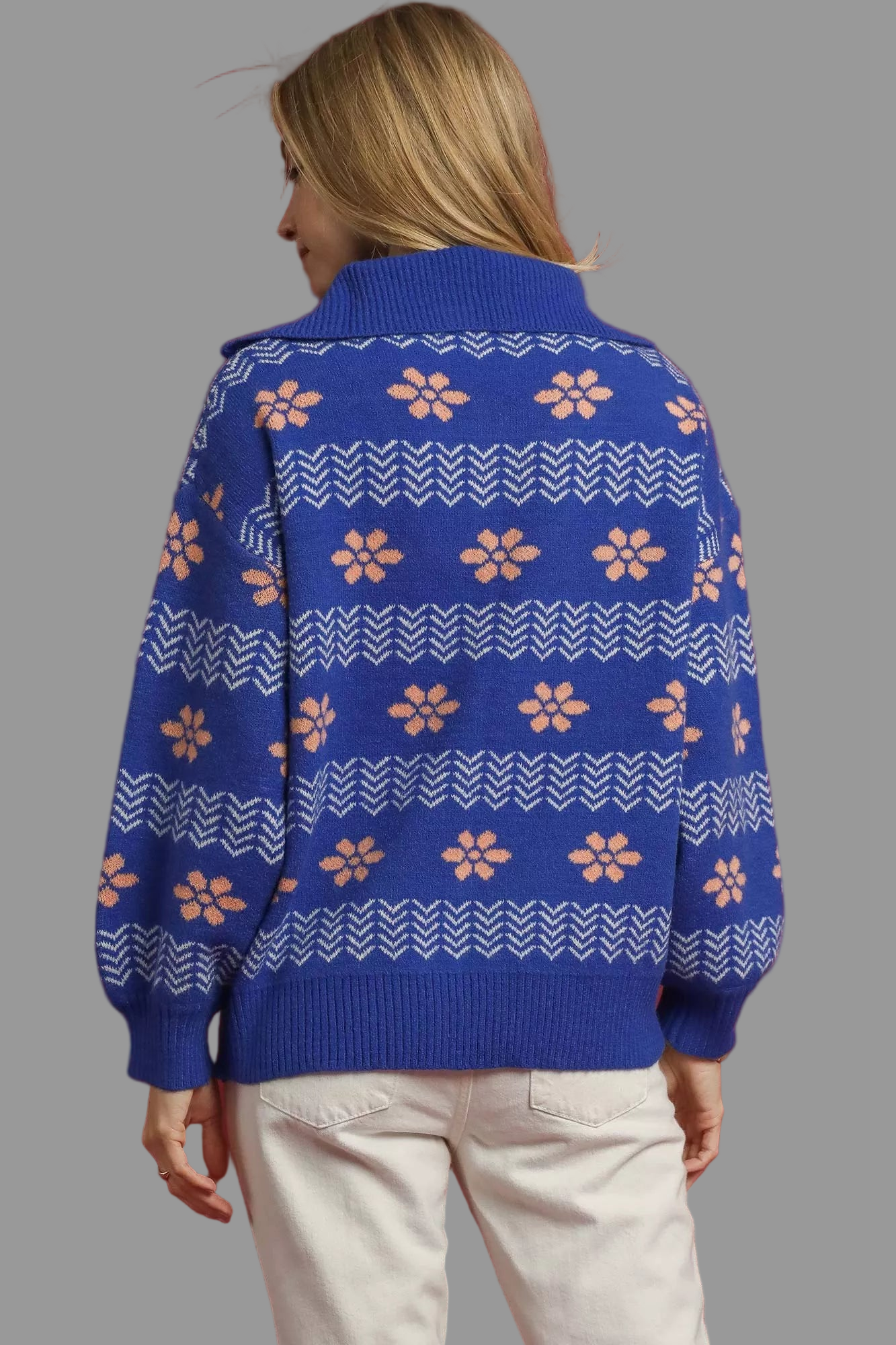 Umgee Floral Patterned Jacquard Quarter-Zip Pullover Sweater