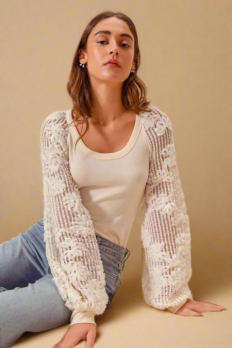 SO ME Rib Knit Top with Lace Balloon Sleeves