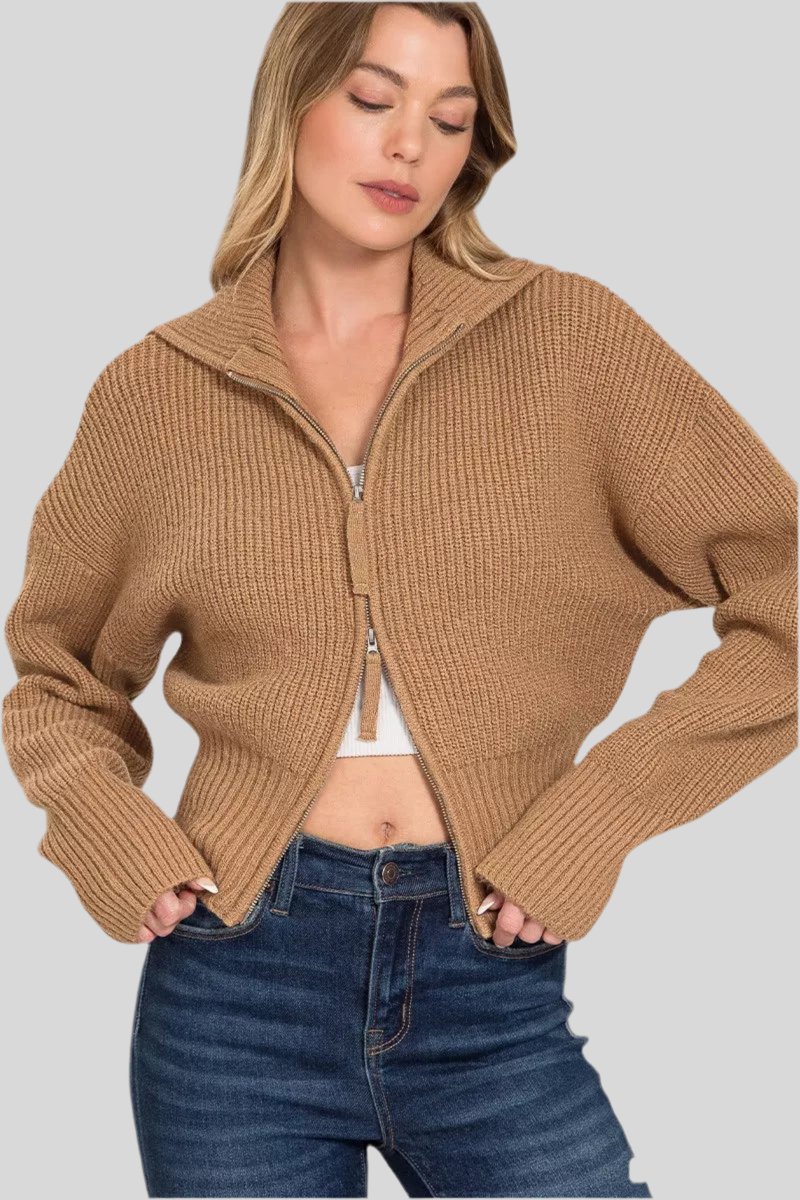 Zenana Ribbed Collared Zip Up Sweater Cardigan