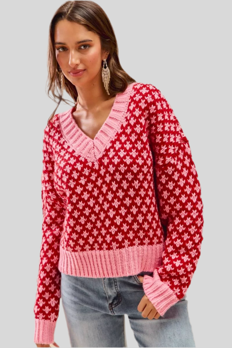 SO ME Color Block Textured V- Neck Sweater