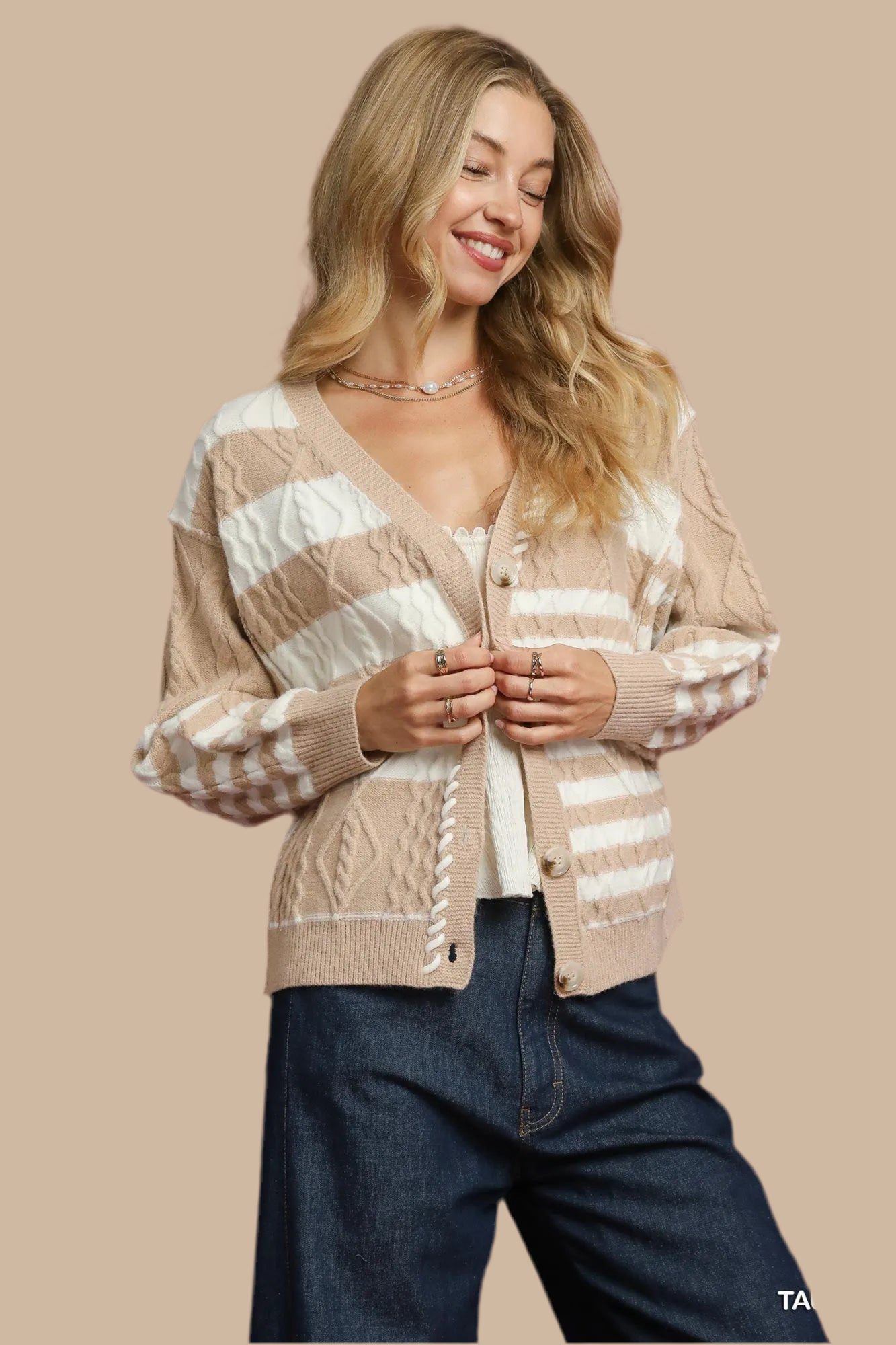 Umgee Cable-Knit Stripe Button-Up Cardigan