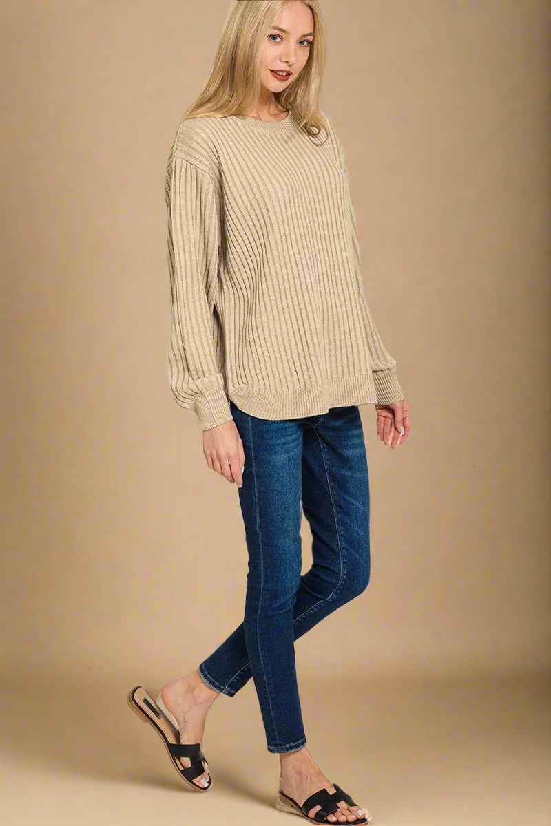 Zenana Curved Hem Two-Tone Ribbed Sweater