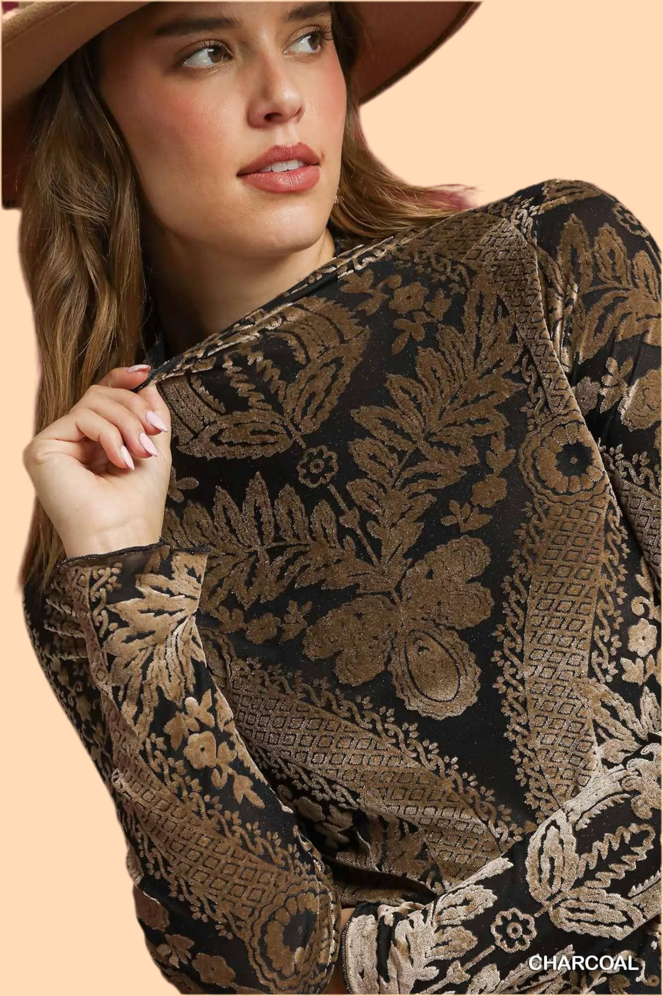 Umgee Damask Print Velvet Burnout Top