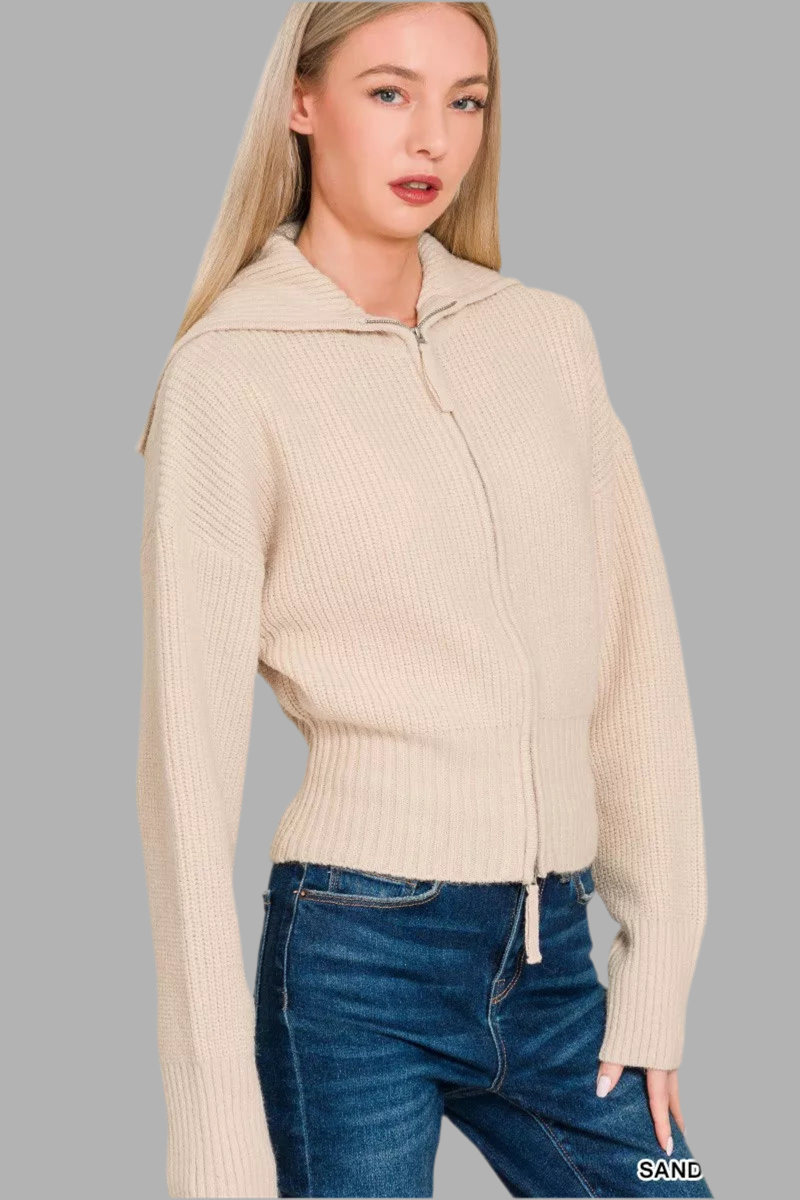 Zenana Ribbed Zip Up Cardigan Sweater