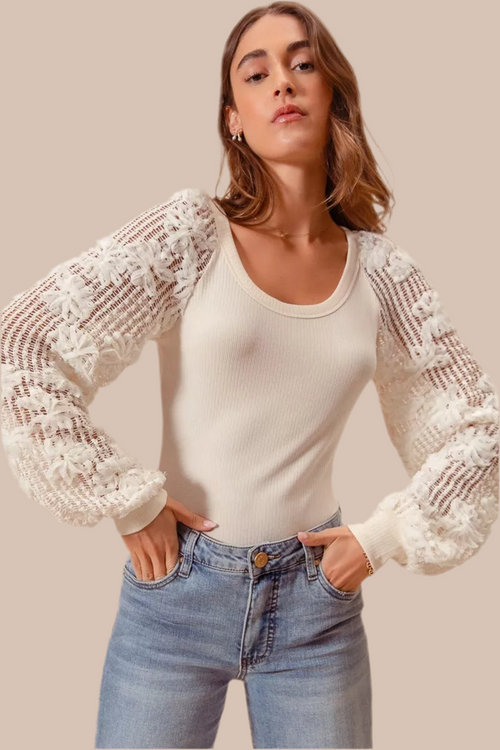SO ME Rib Knit Top with Lace Balloon Sleeves