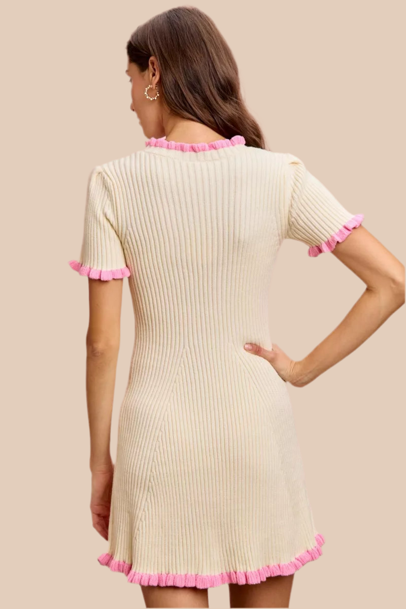 Contrast Ruffled Sweater Knit Mini Dress