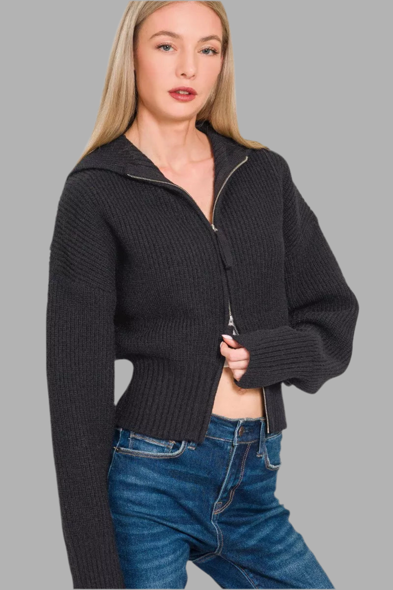 Zenana Ribbed Zip Up Cardigan Sweater