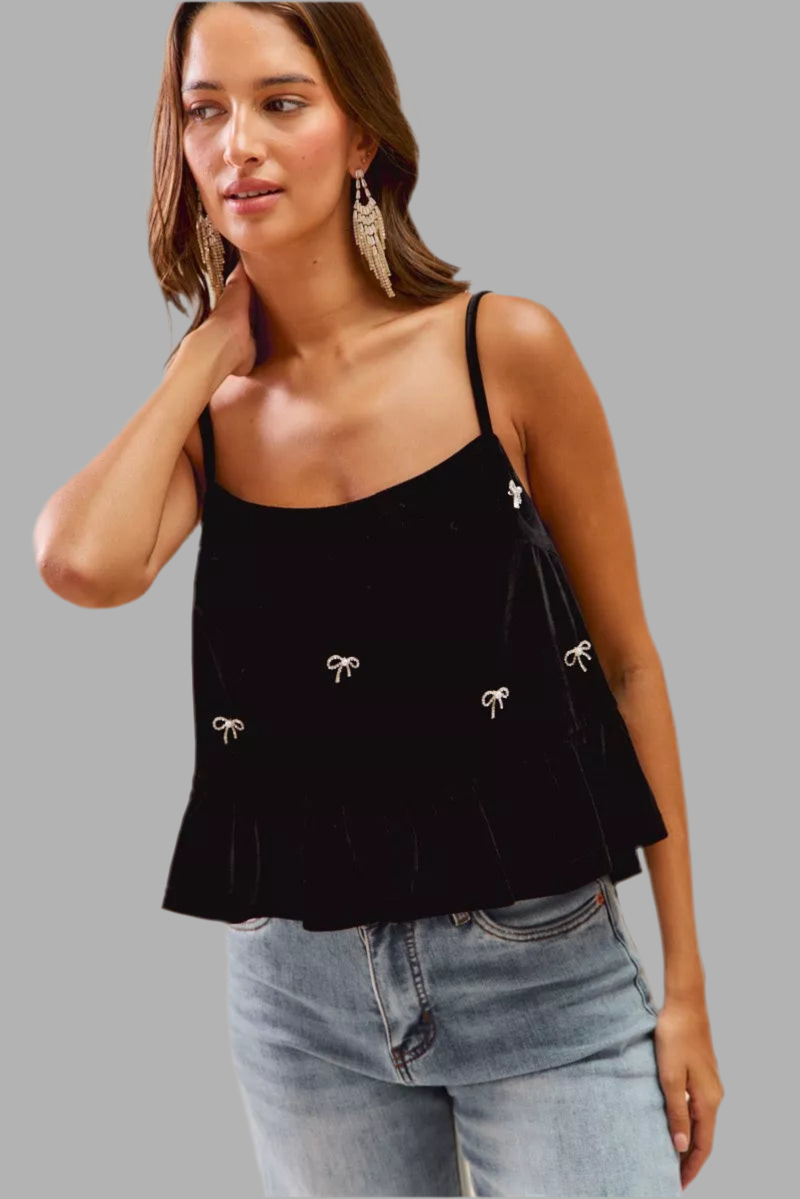 SO ME Holiday Velvet Ribbon Rhinestone Christmas Top