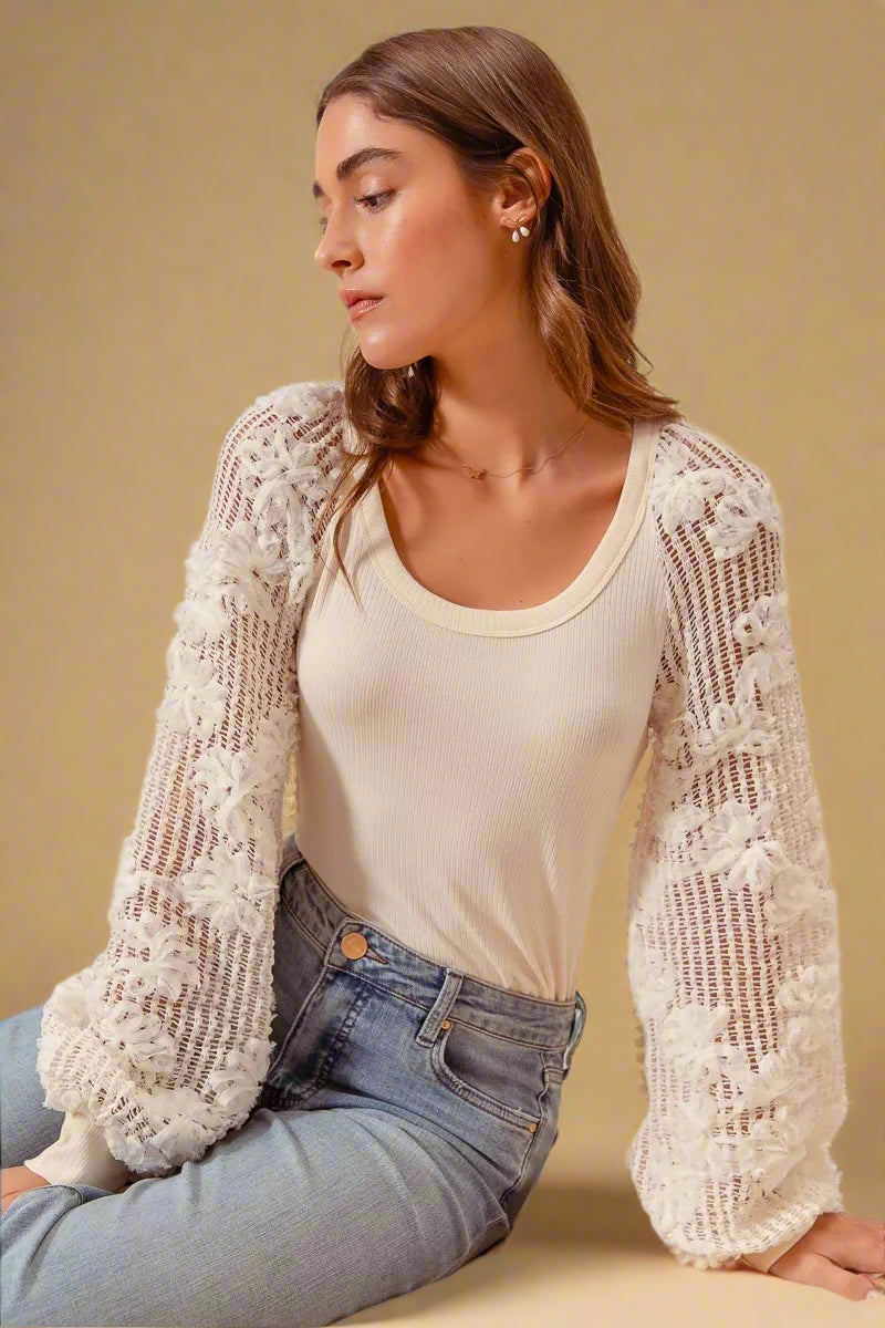 SO ME Rib Knit Top with Lace Balloon Sleeves