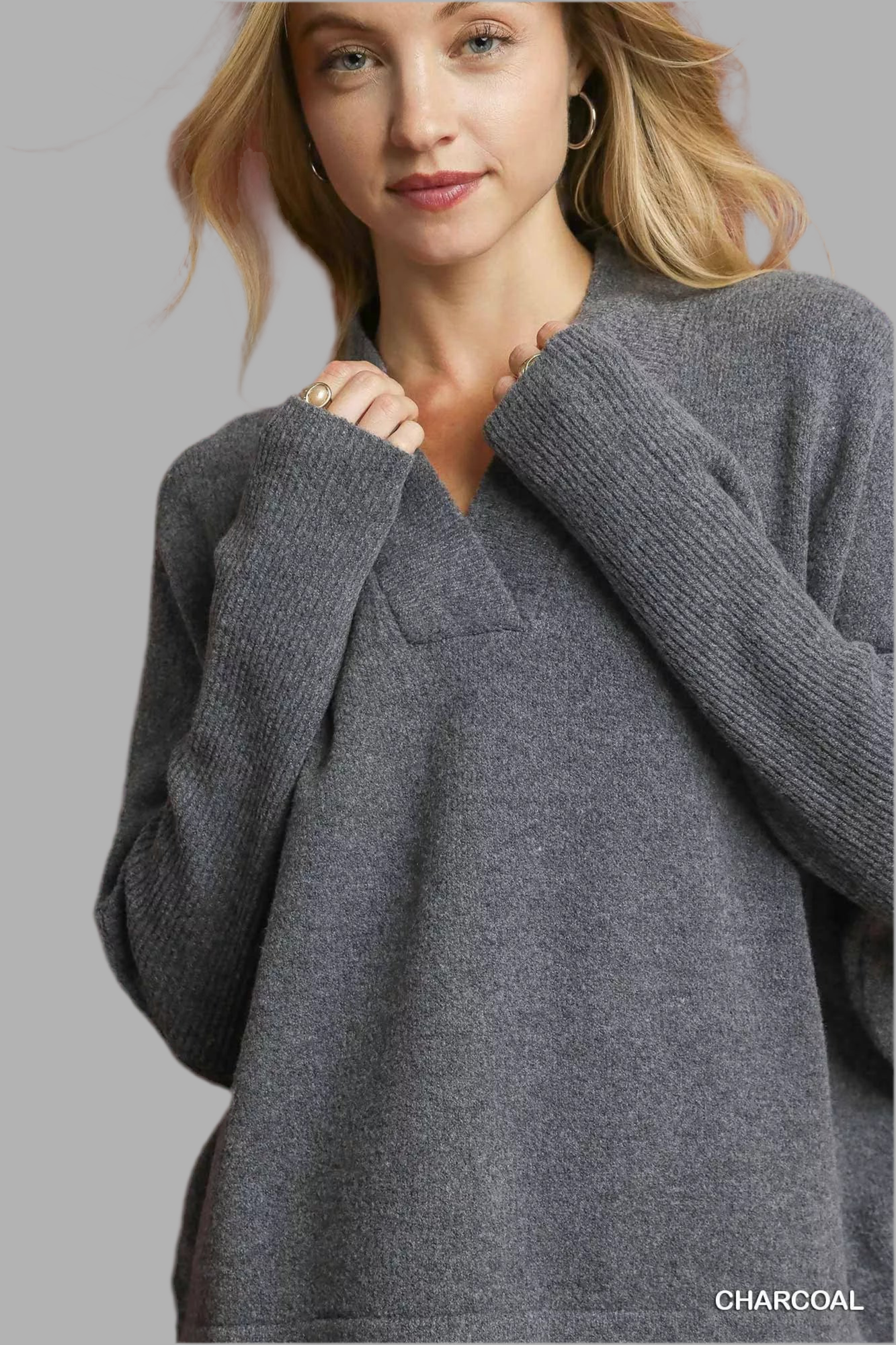Umgee Charcoal V- Neck Sweater
