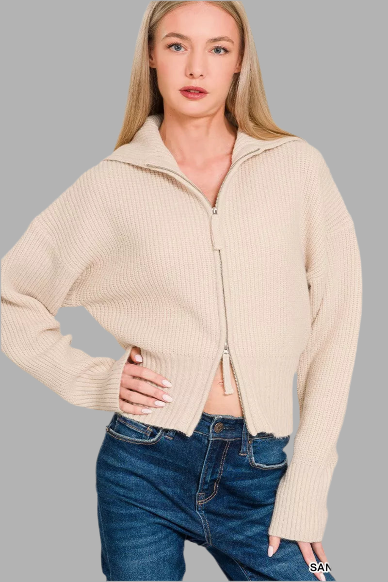Zenana Ribbed Zip Up Cardigan Sweater