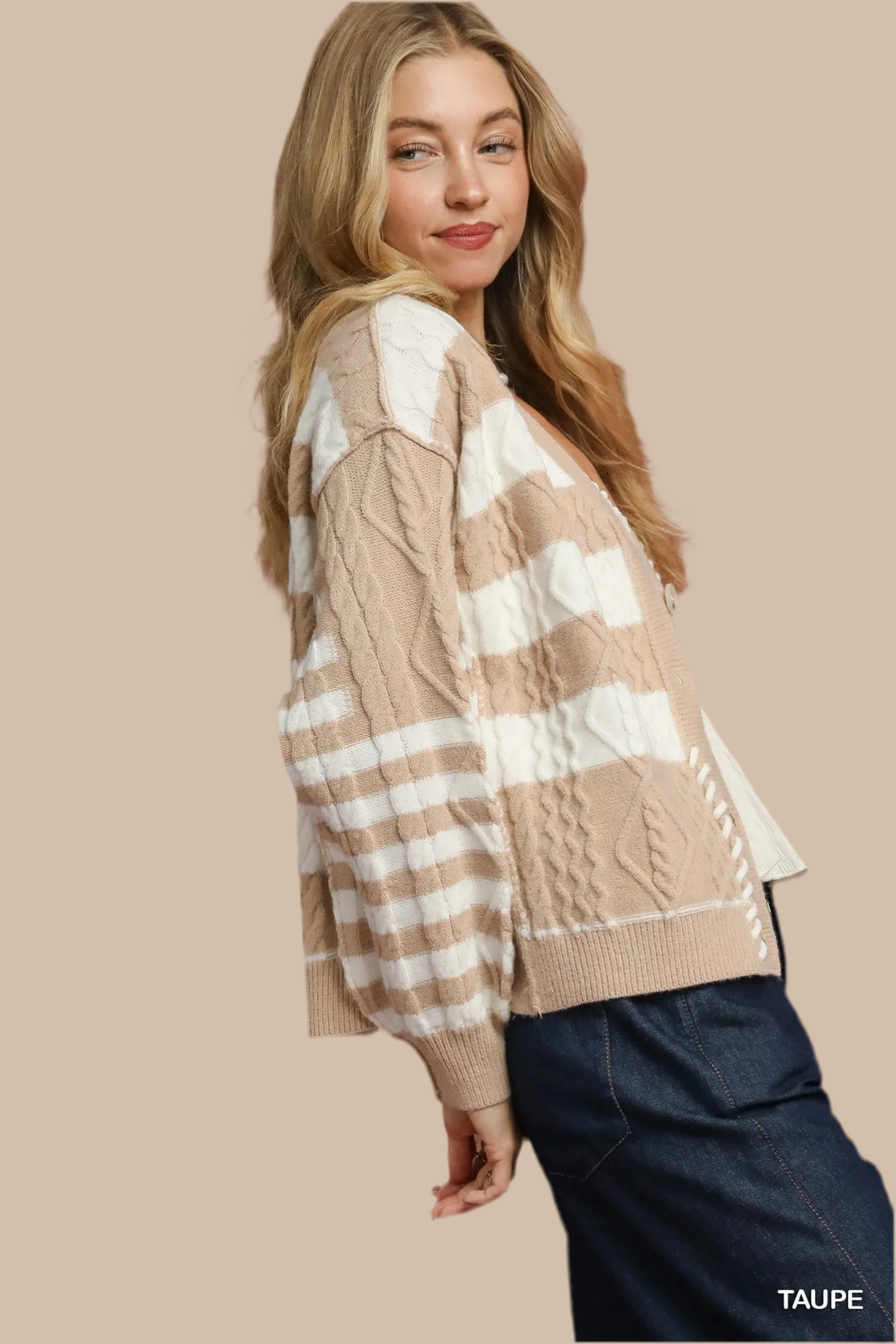 Umgee Cable-Knit Stripe Button-Up Cardigan