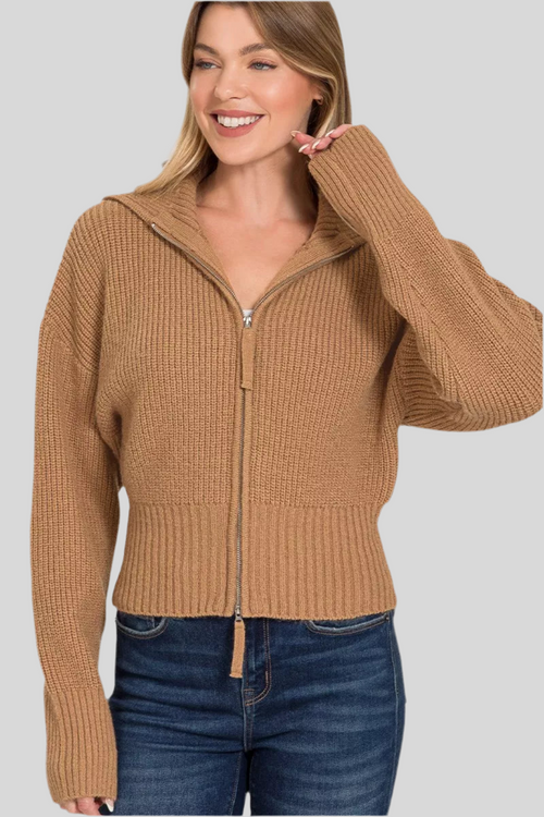 Zenana Ribbed Collared Zip Up Sweater Cardigan