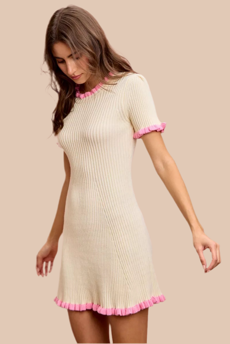 Contrast Ruffled Sweater Knit Mini Dress