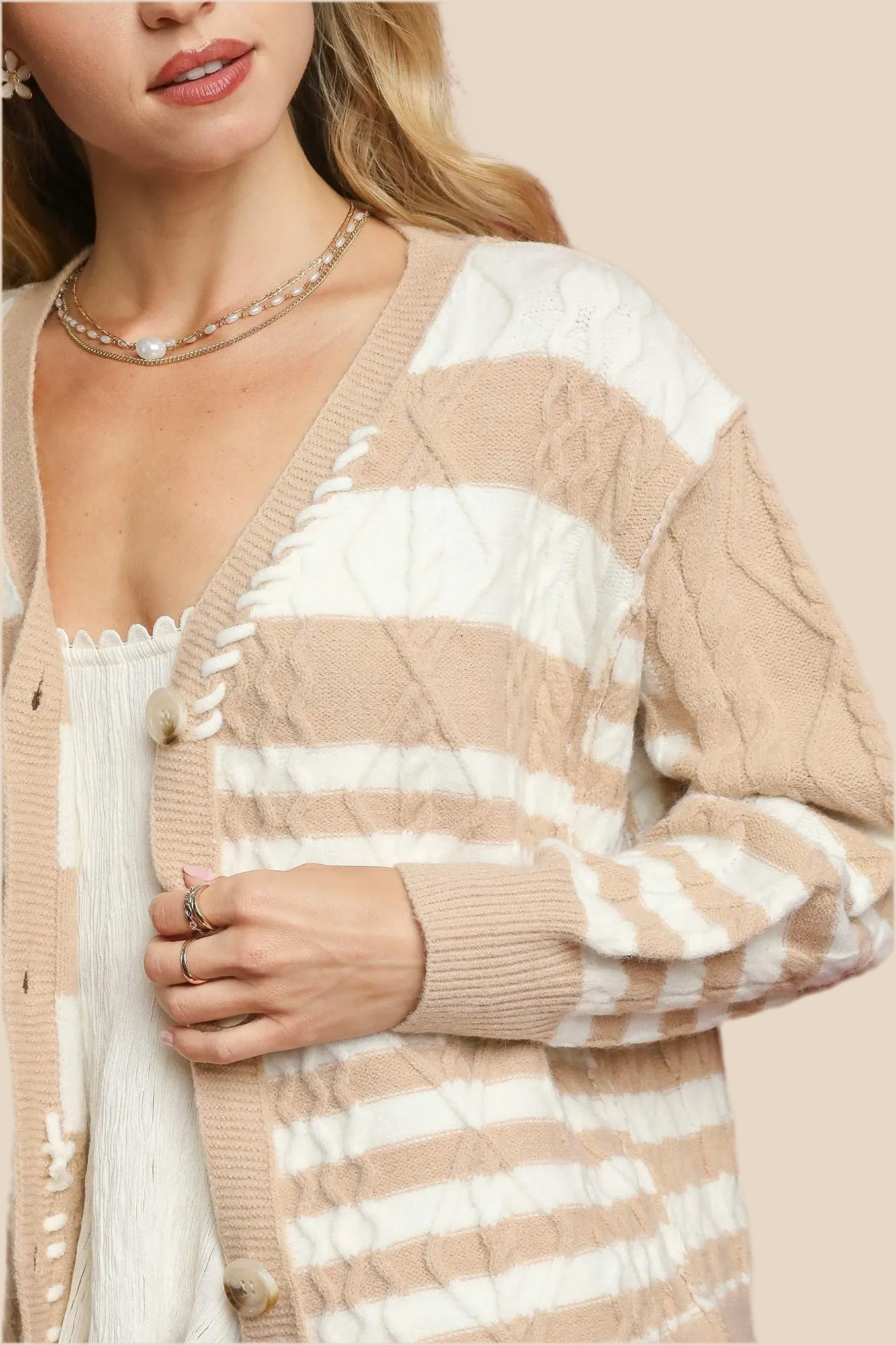 Umgee Cable-Knit Stripe Button-Up Cardigan