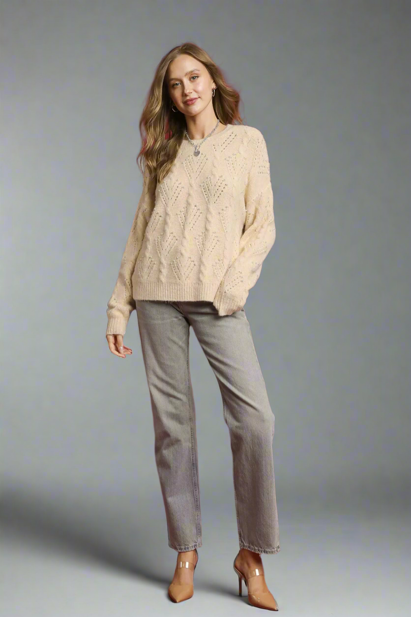 Umgee Pearl-Embellished Long Sleeve Sweater