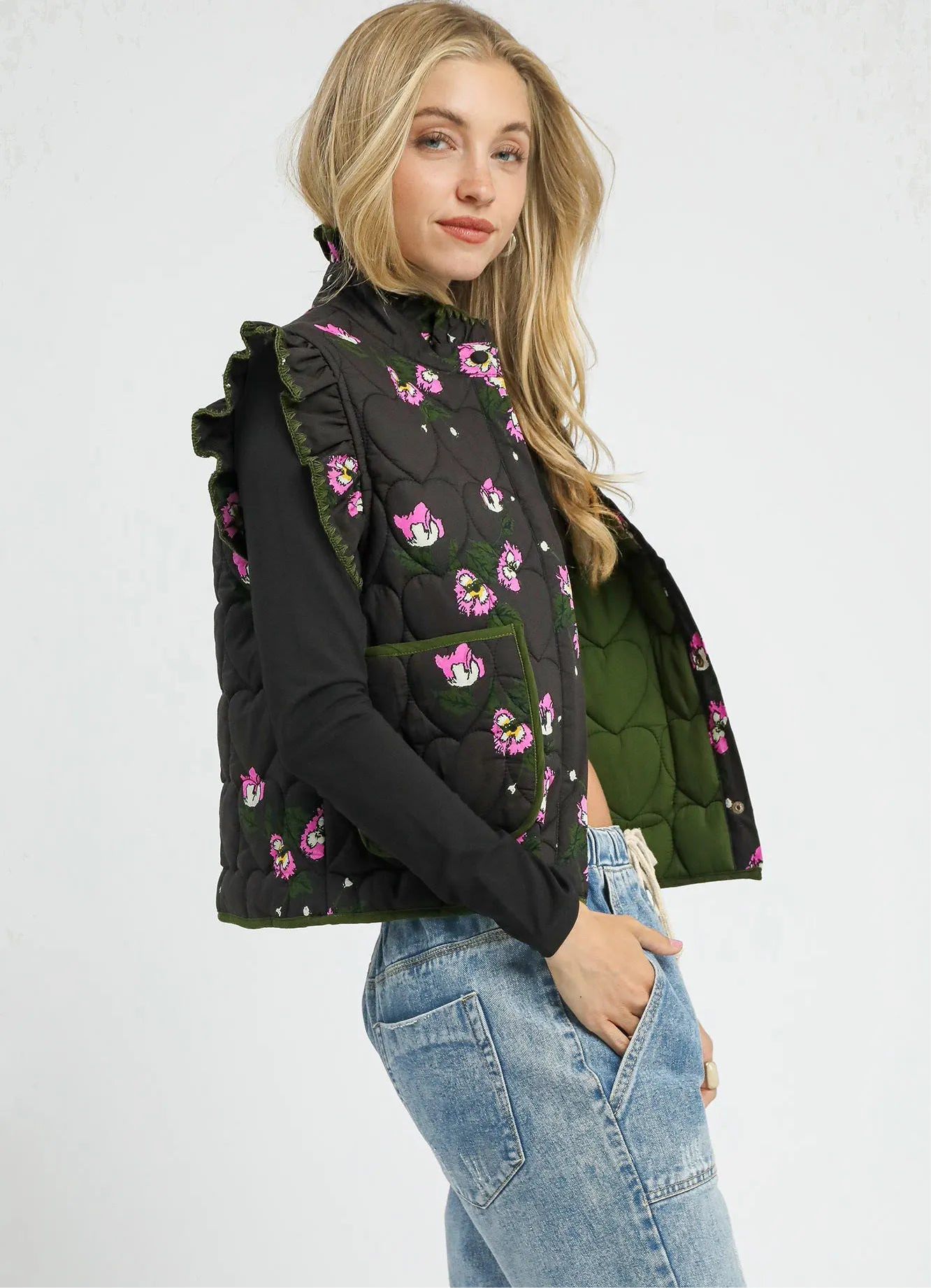 Umgee Ruffled Quilted Floral Snap Down Vest