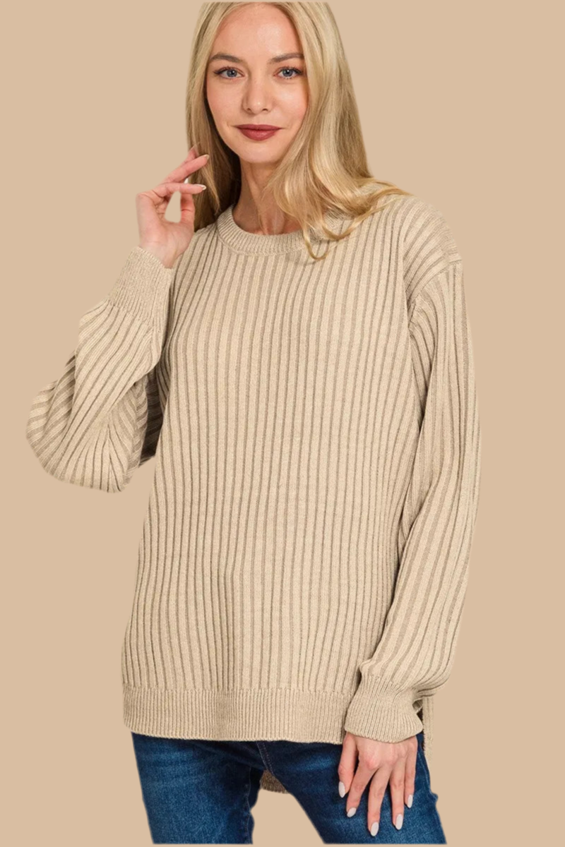 Zenana Curved Hem Two-Tone Ribbed Sweater