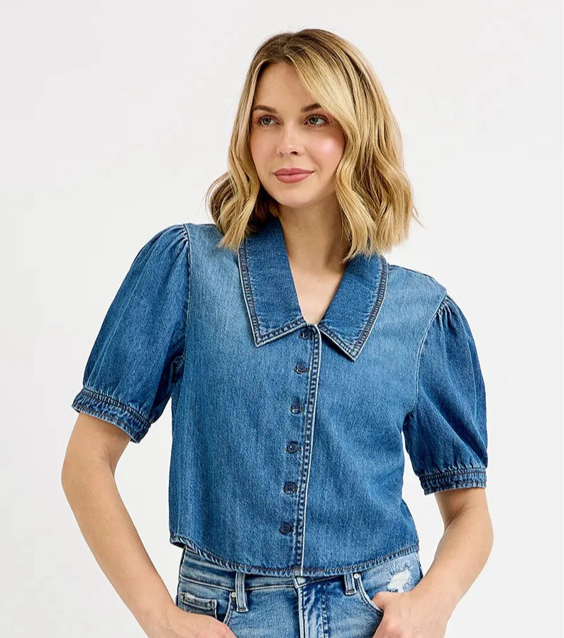 RISEN Button Down Puff Sleeve Crop Denim Shirt