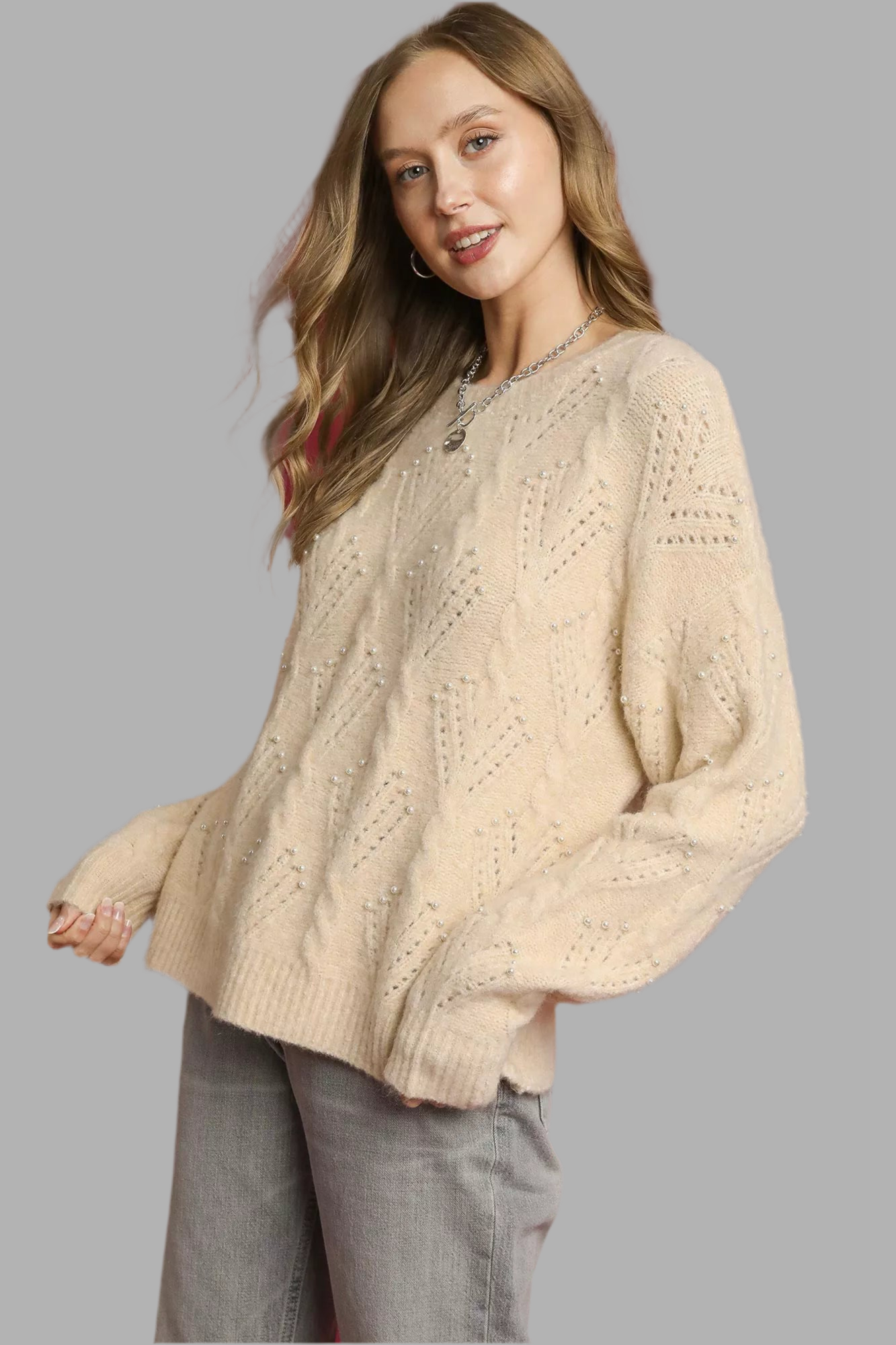 Umgee Pearl-Embellished Long Sleeve Sweater