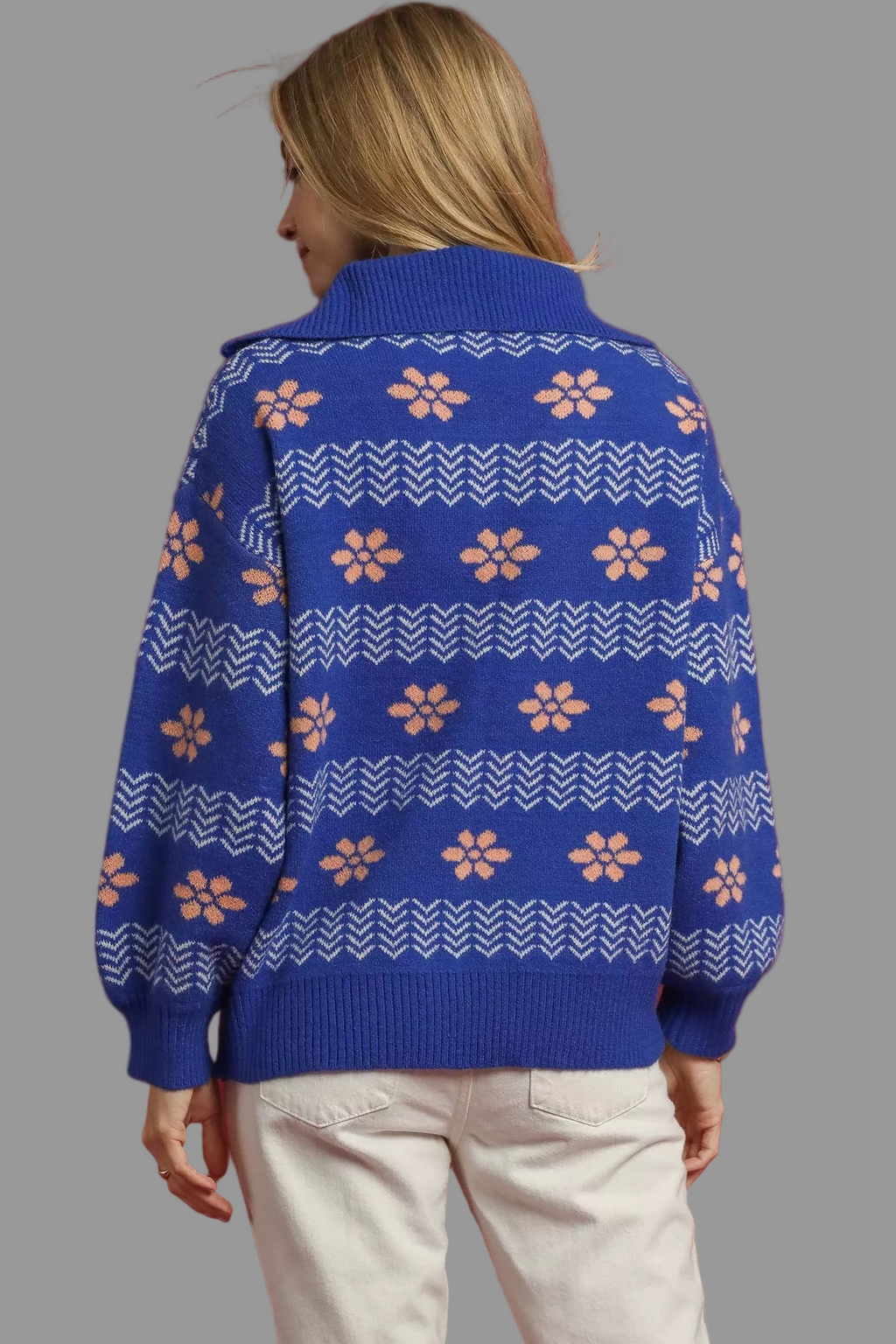 Umgee Floral Patterned Jacquard Quarter-Zip Pullover Sweater