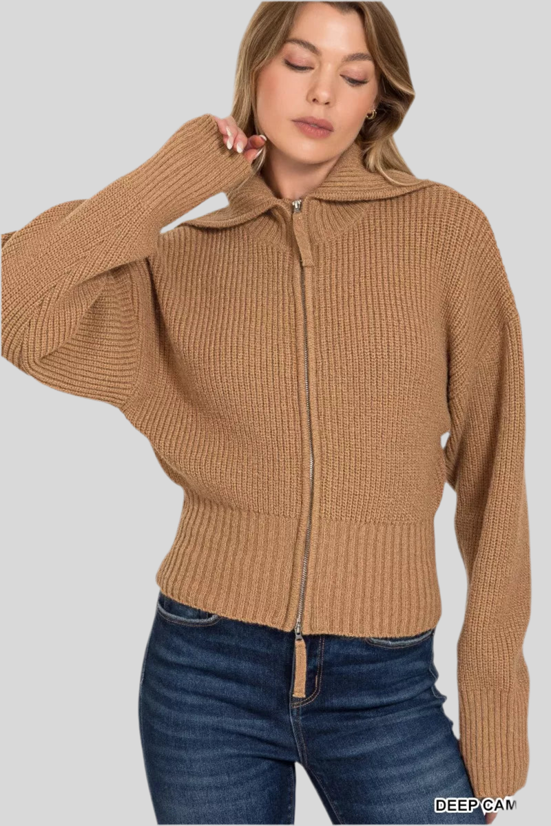 Zenana Ribbed Collared Zip Up Sweater Cardigan