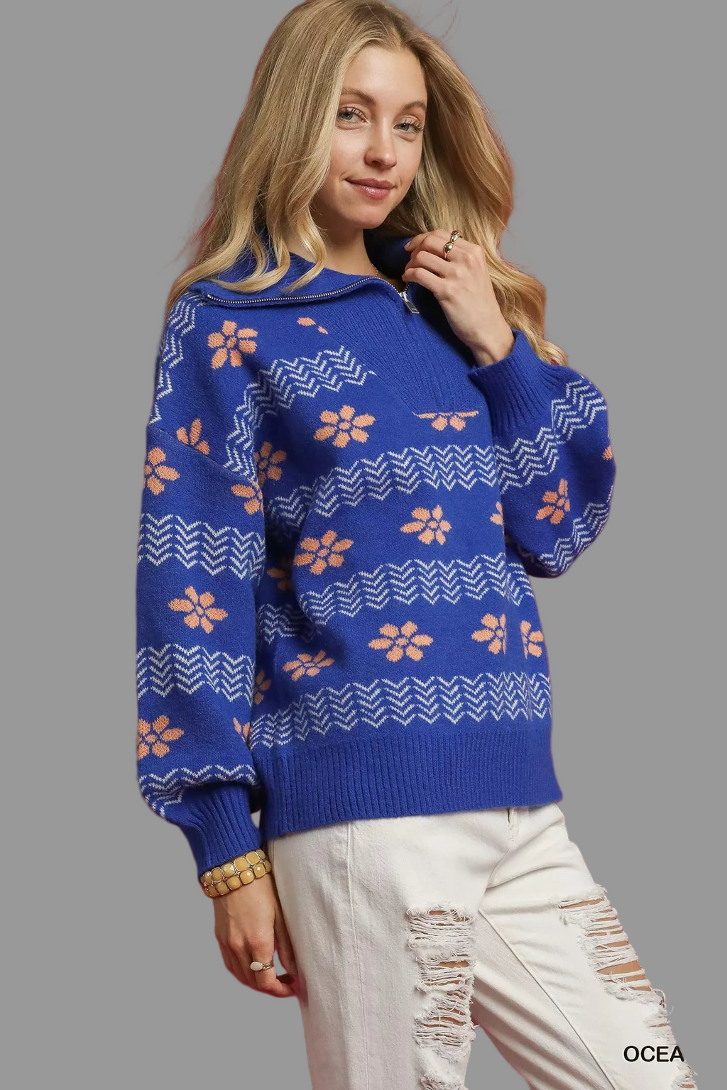 Umgee Floral Patterned Jacquard Quarter-Zip Pullover Sweater