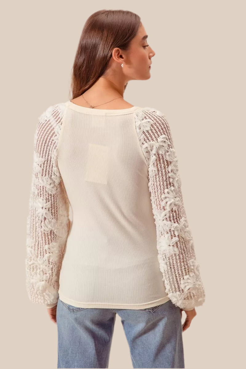 SO ME Rib Knit Top with Lace Balloon Sleeves