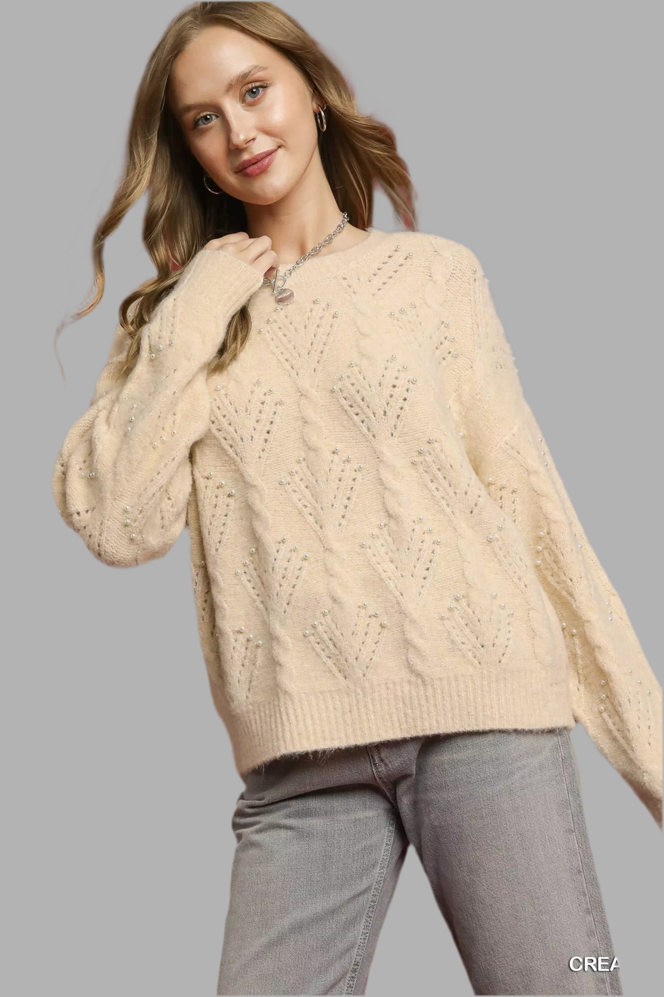 Umgee Pearl-Embellished Long Sleeve Sweater