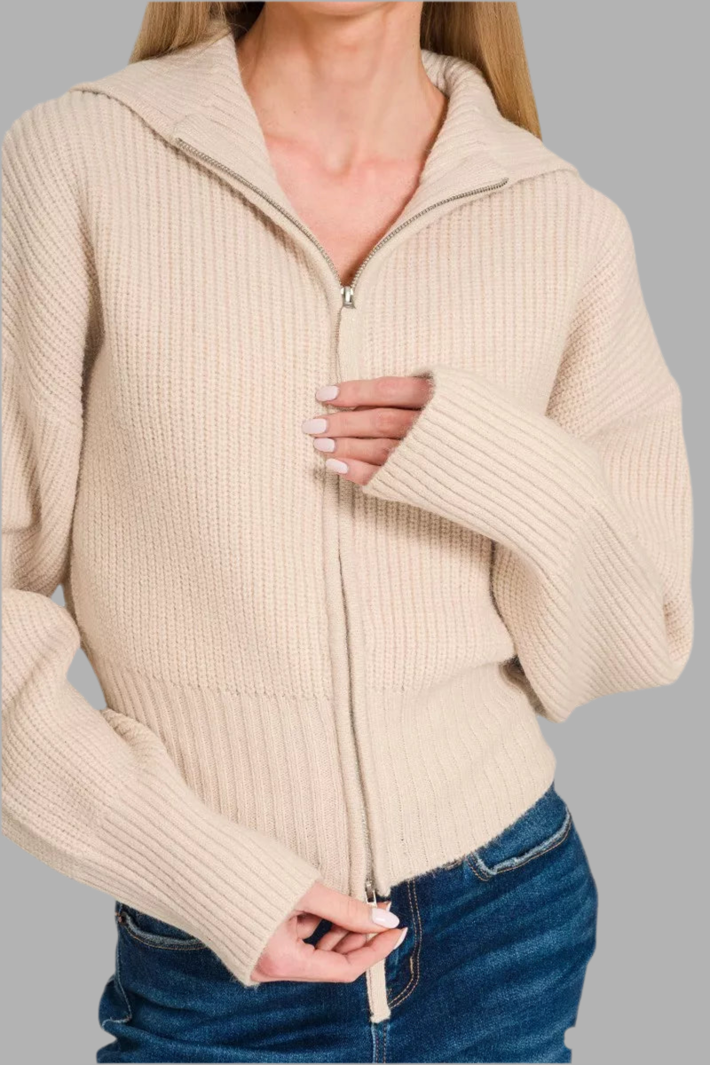 Zenana Ribbed Zip Up Cardigan Sweater