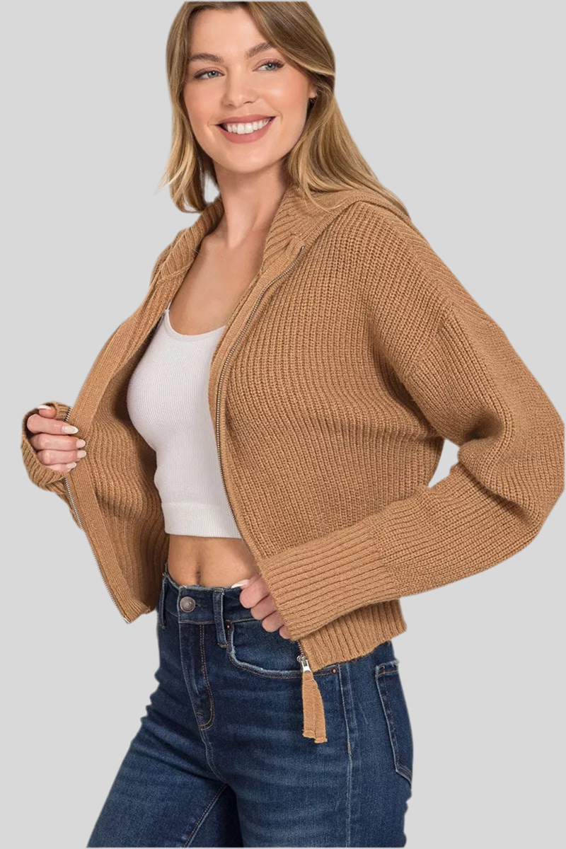 Zenana Ribbed Collared Zip Up Sweater Cardigan
