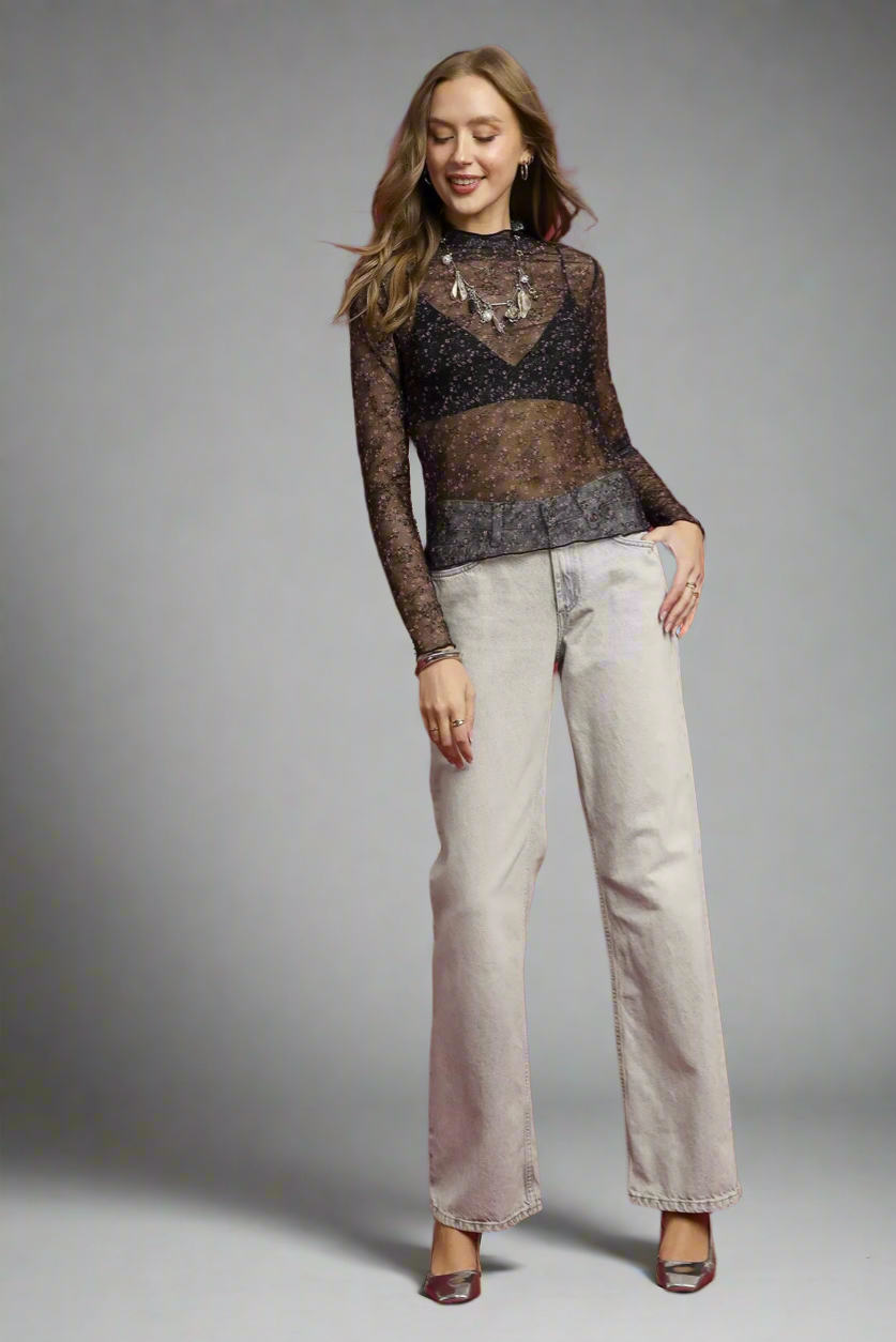 Umgee Nylon Lace Mesh Long Sleeve Top