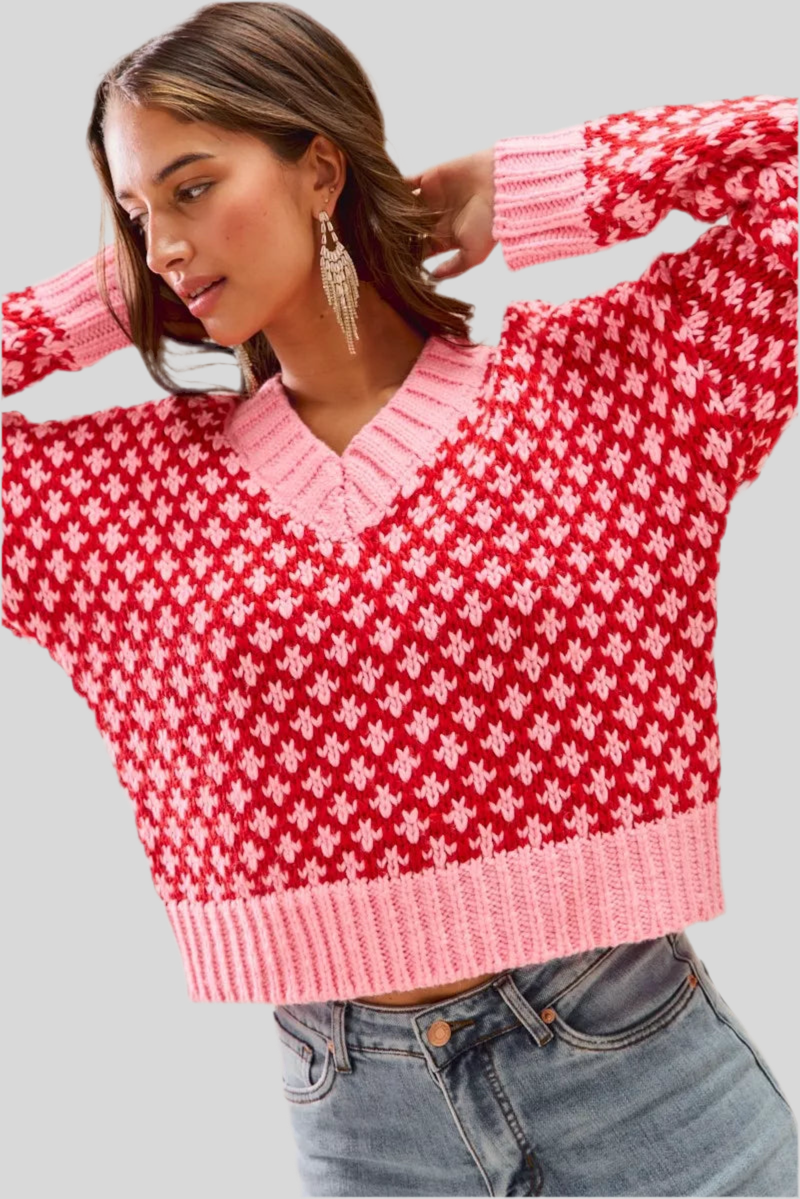SO ME Color Block Textured V- Neck Sweater