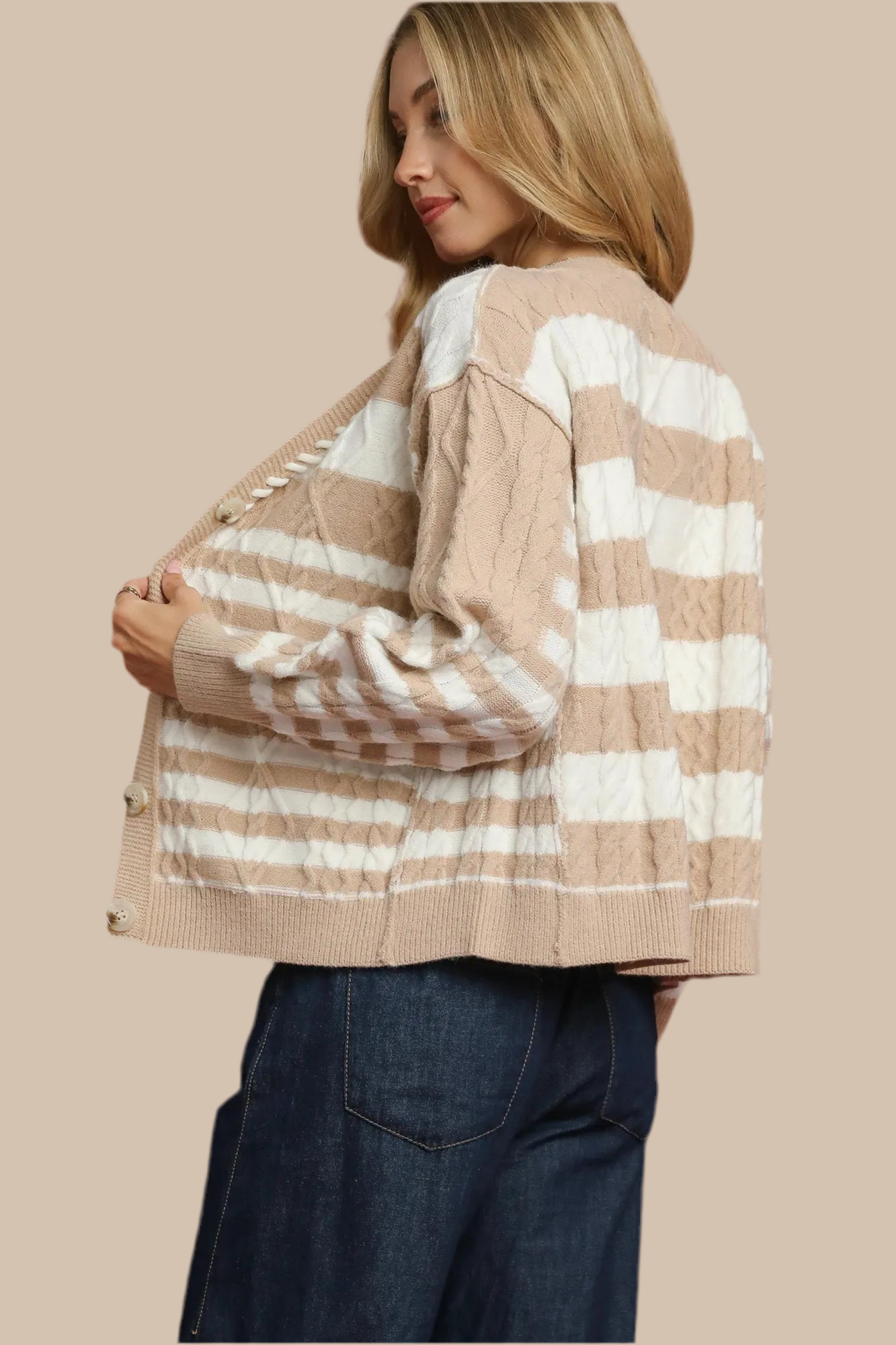 Umgee Cable-Knit Stripe Button-Up Cardigan