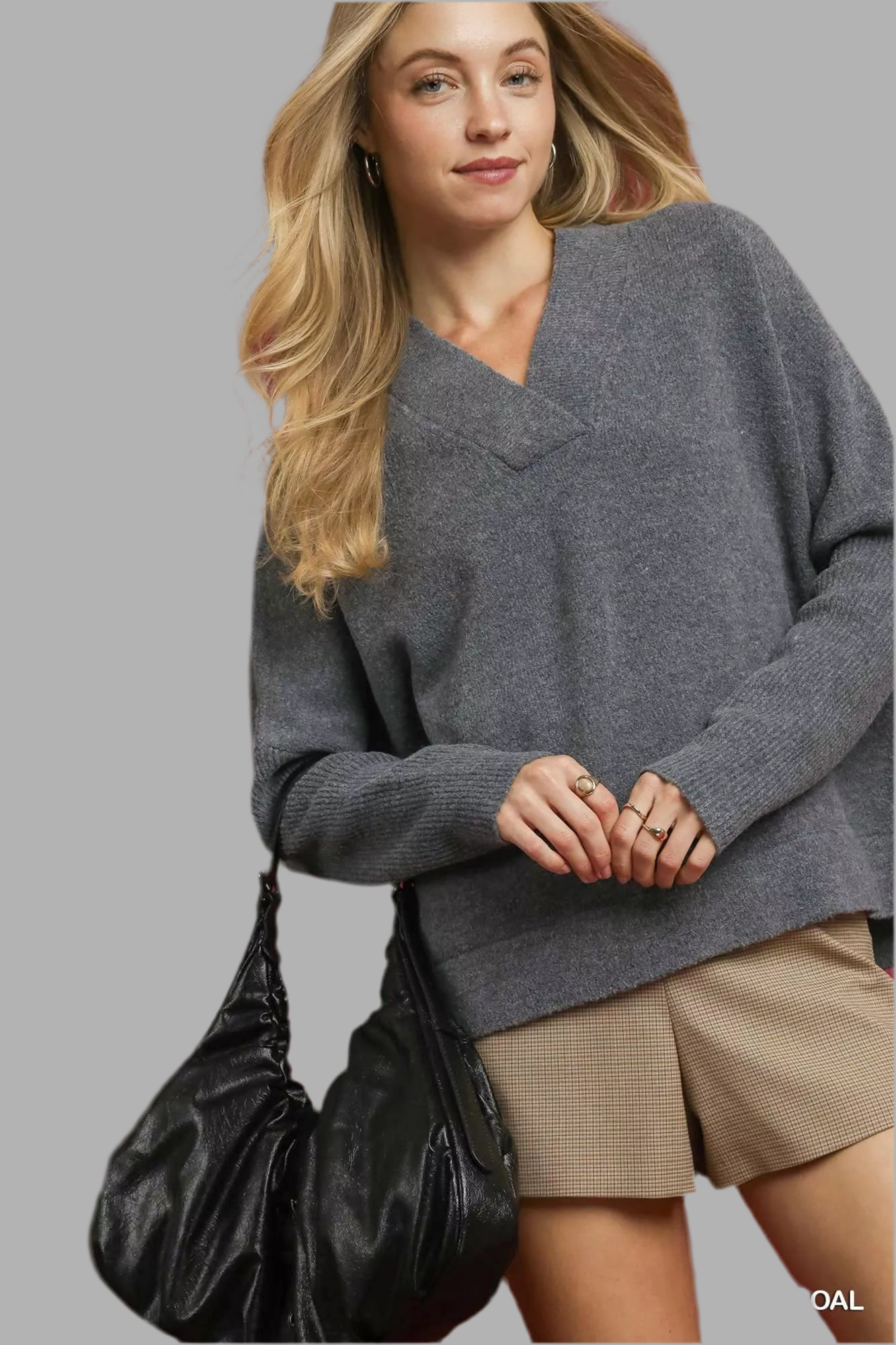 Umgee Charcoal V- Neck Sweater