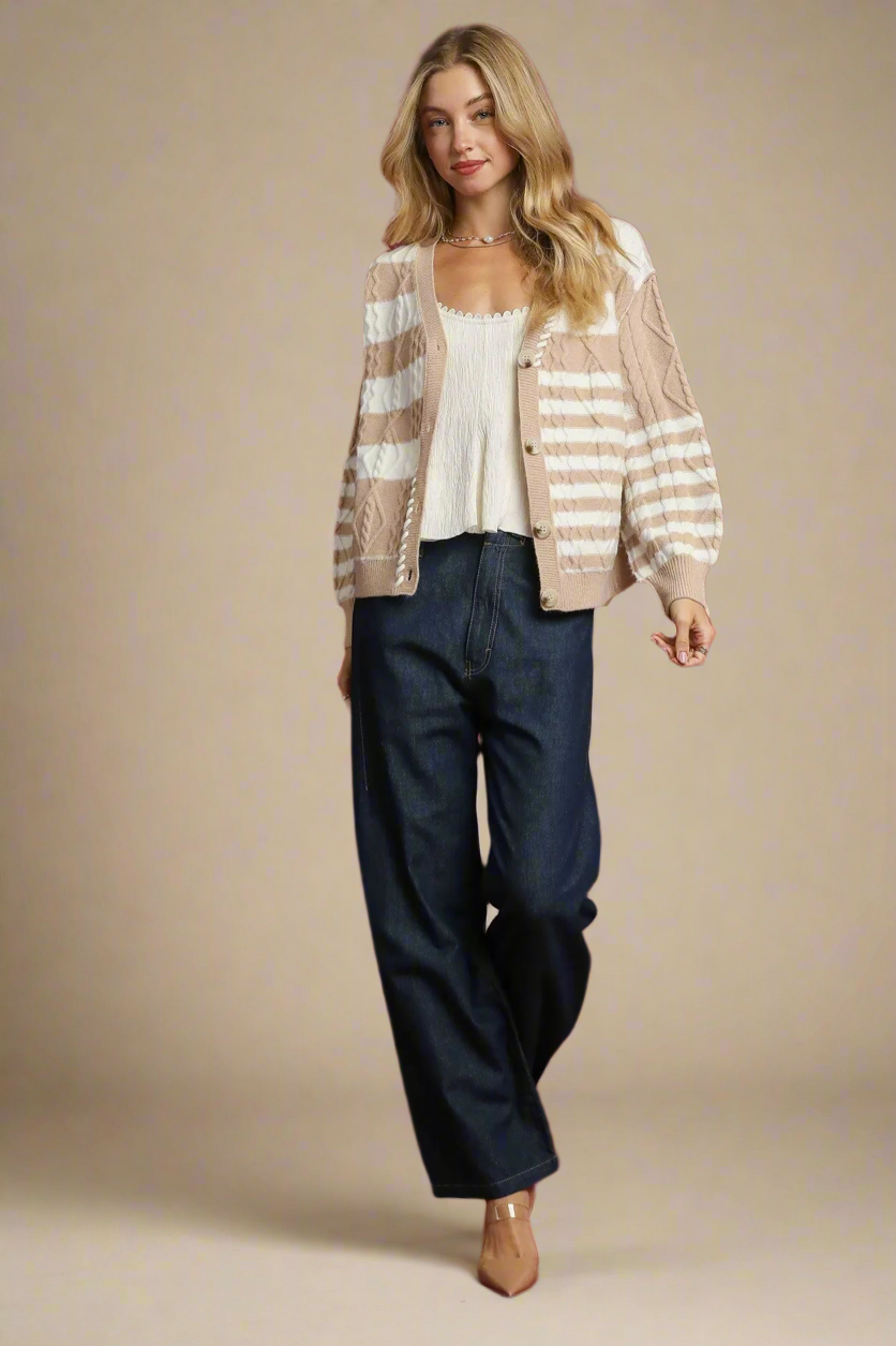 Umgee Cable-Knit Stripe Button-Up Cardigan
