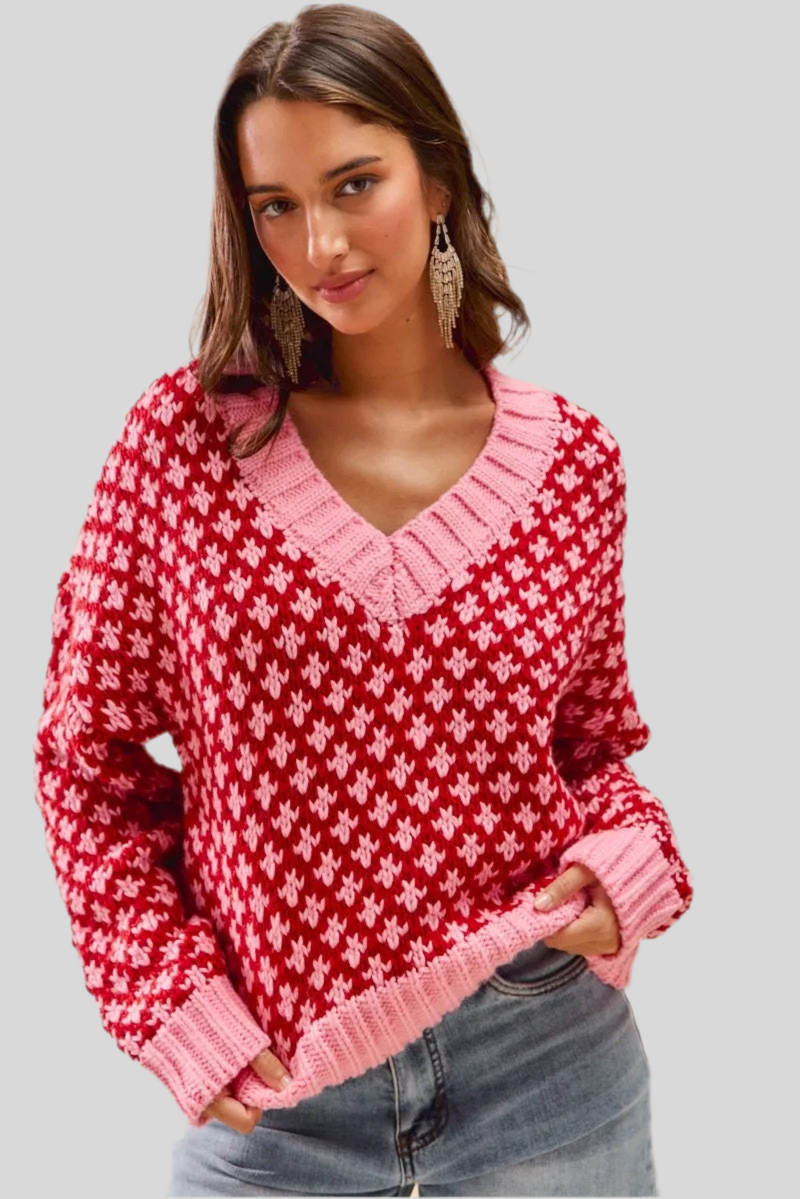 SO ME Color Block Textured V- Neck Sweater