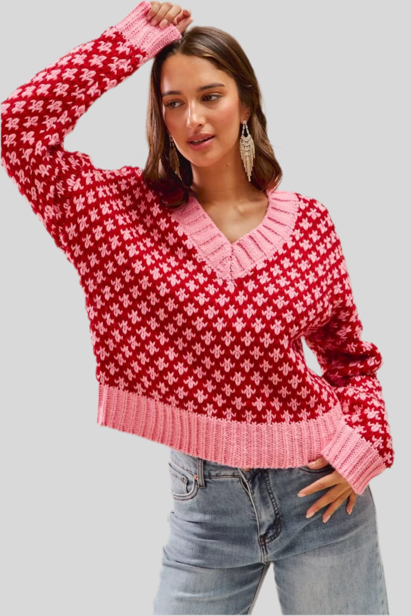 SO ME Color Block Textured V- Neck Sweater