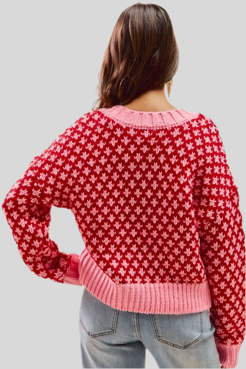 SO ME Color Block Textured V- Neck Sweater