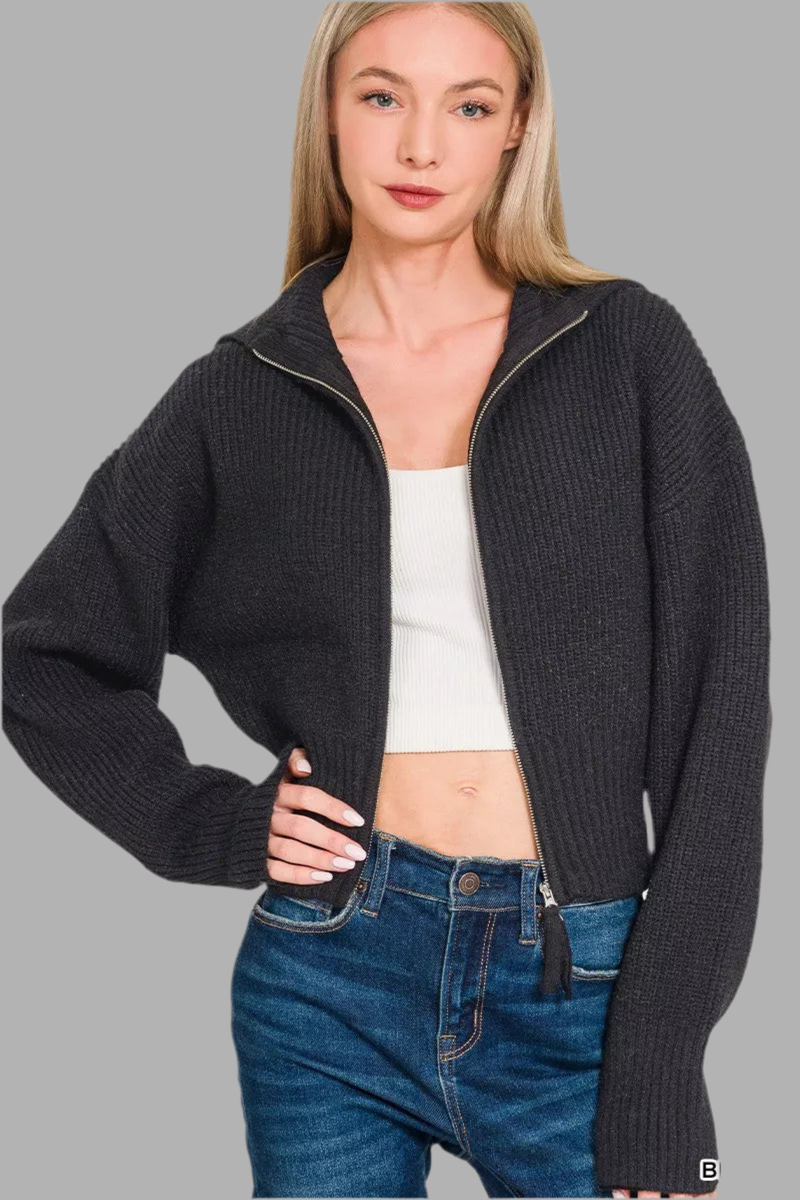 Zenana Ribbed Zip Up Cardigan Sweater