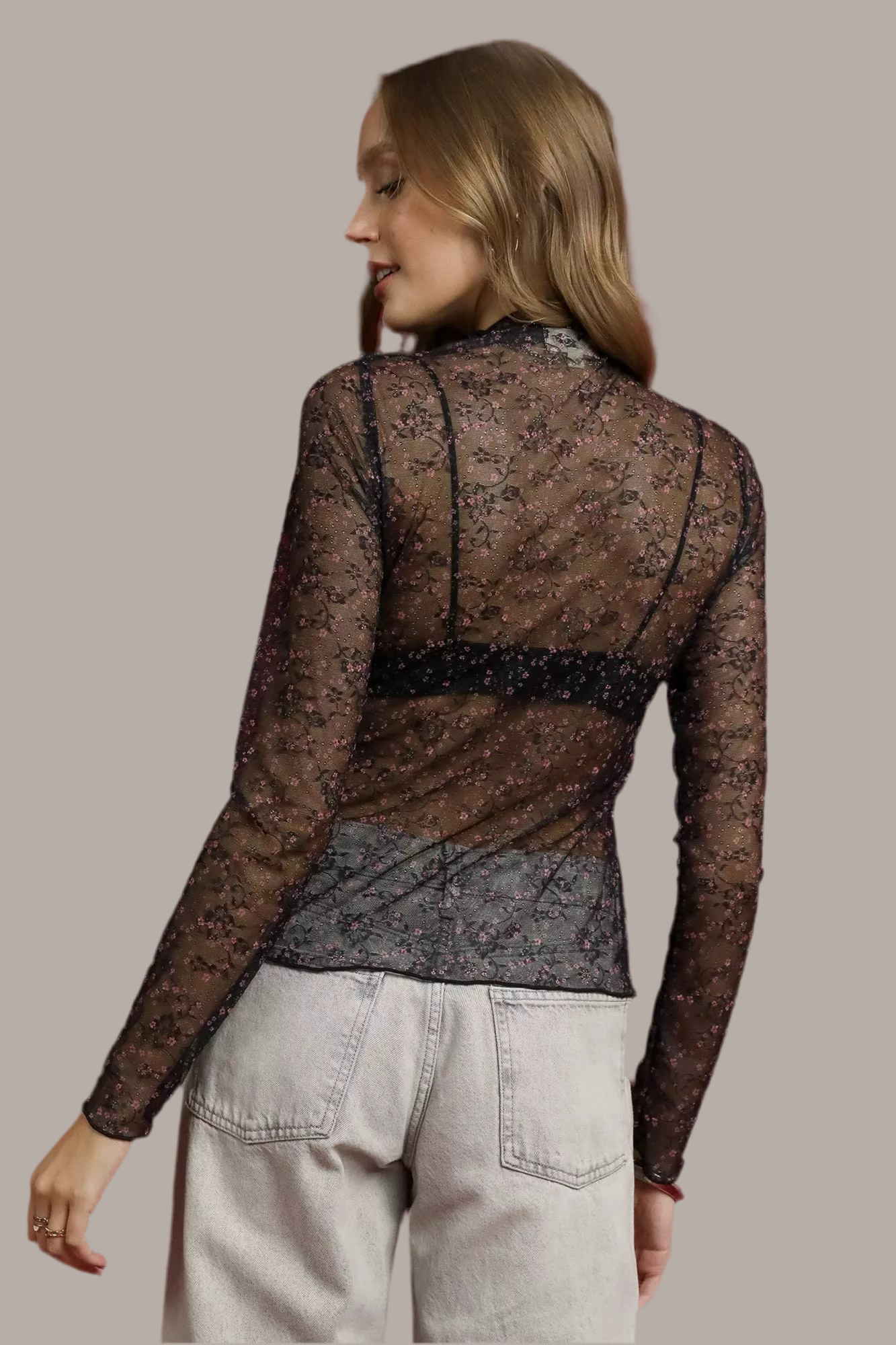 Umgee Nylon Lace Mesh Long Sleeve Top