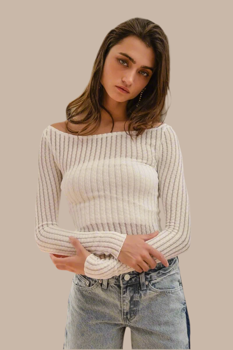 BiBi Textured Sheer Boat Neck Top