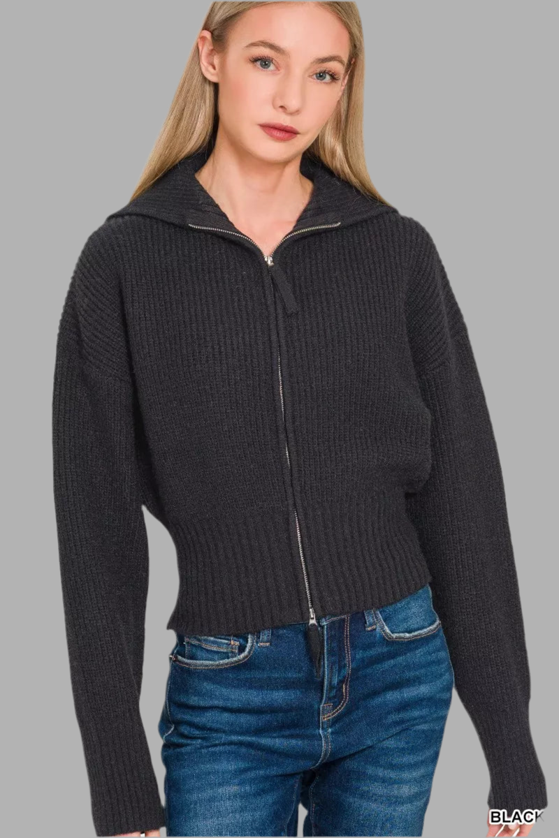 Zenana Ribbed Zip Up Cardigan Sweater