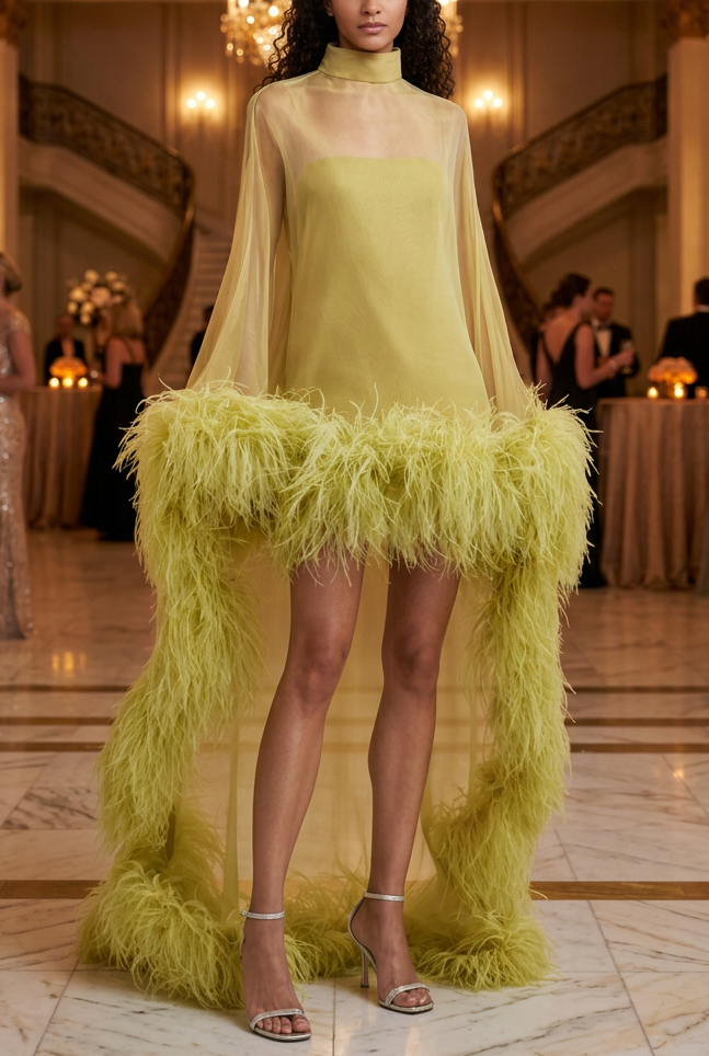 Feather-Trimmed Sheer Mock Neck Mini Maxi Dress