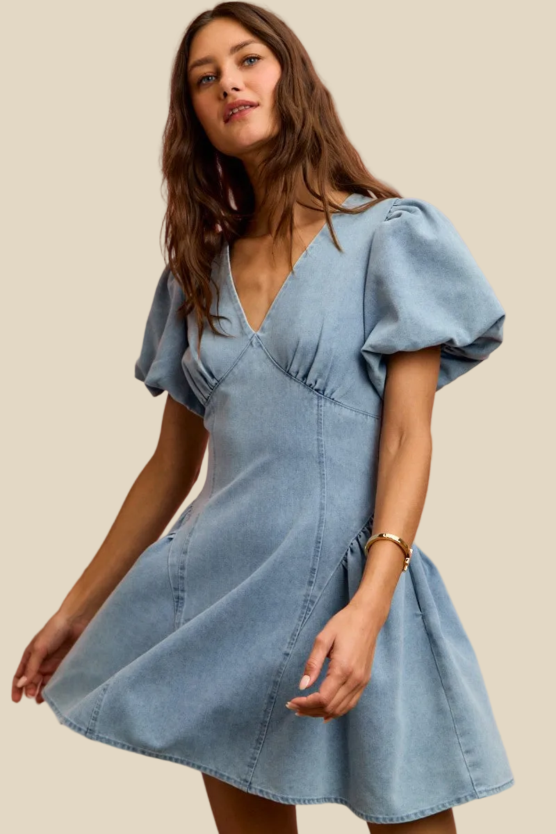 SO ME Bubble Sleeves Denim Fit And Flare Mini Dress
