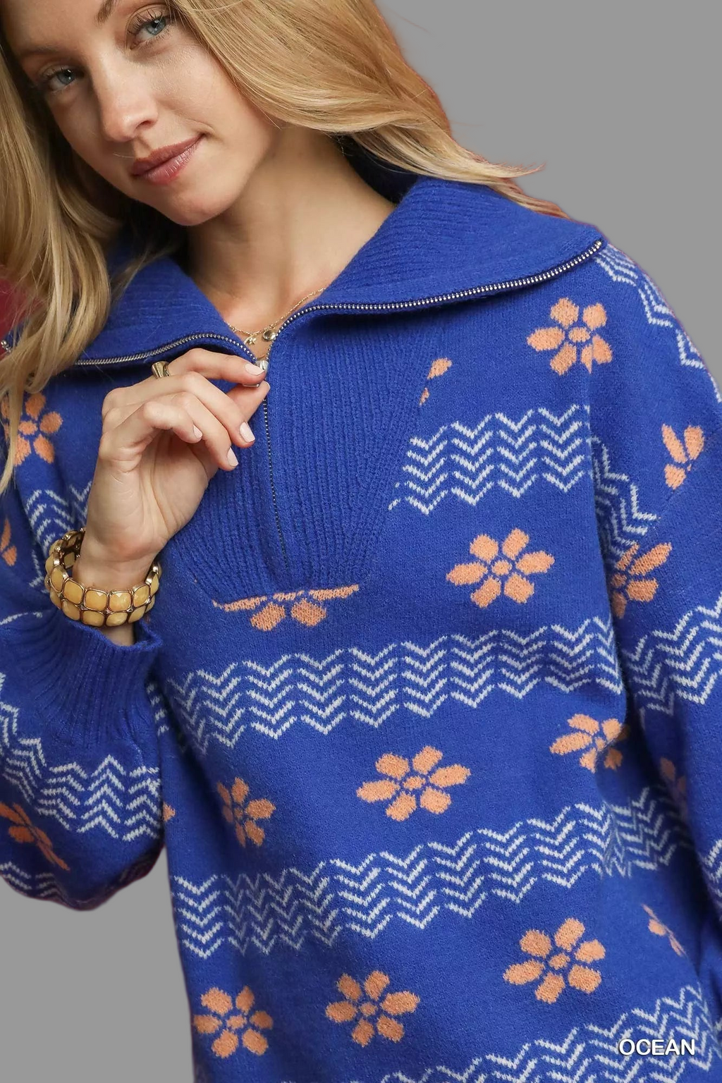 Umgee Floral Patterned Jacquard Quarter-Zip Pullover Sweater