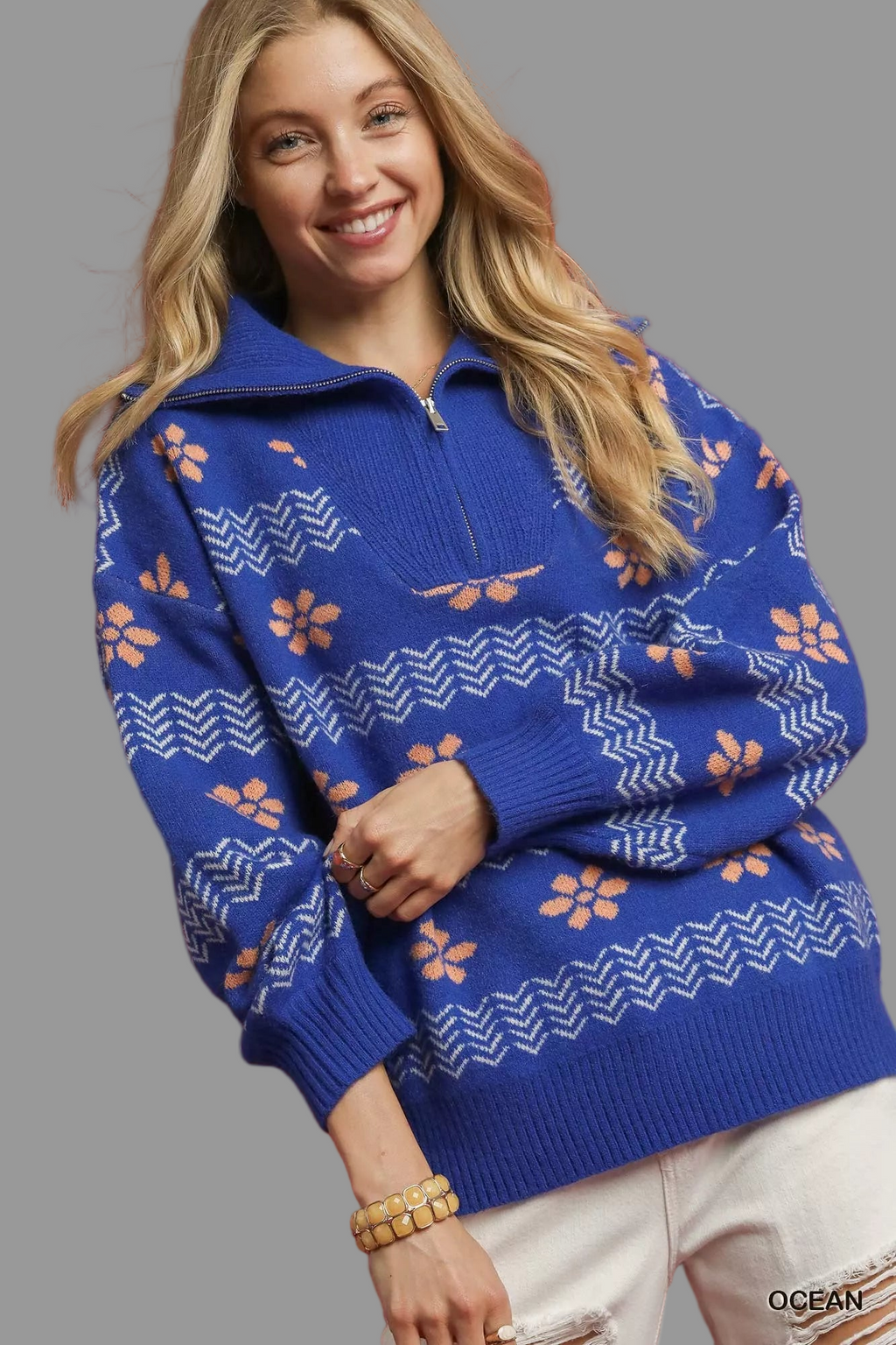 Umgee Floral Patterned Jacquard Quarter-Zip Pullover Sweater