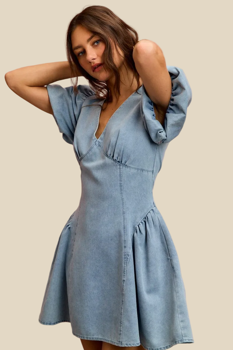 SO ME Bubble Sleeves Denim Fit And Flare Mini Dress