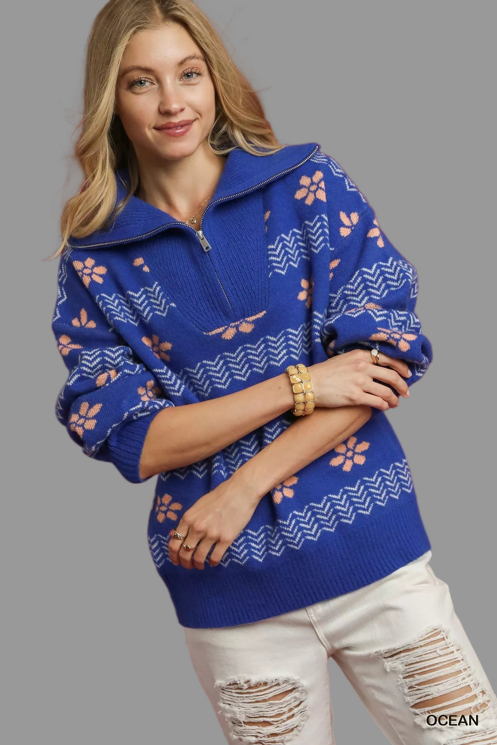 Umgee Floral Patterned Jacquard Quarter-Zip Pullover Sweater